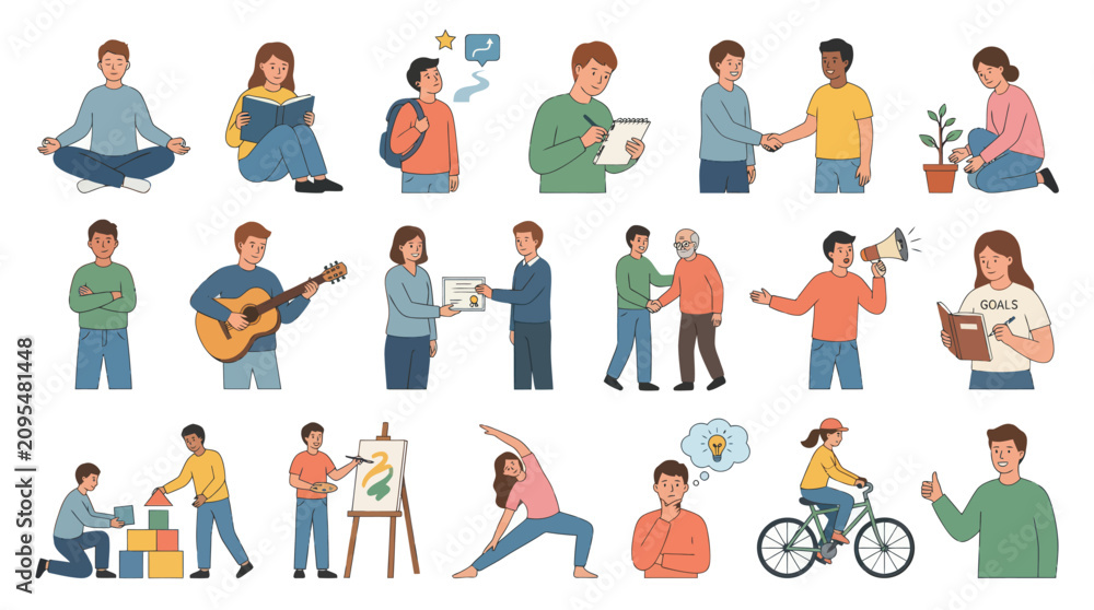 Fototapeta premium Flat Line Art Illustrations of Diverse People in Lifestyle, Personal Growth, Business Daily Activities