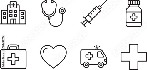 Art & Illustration Minimal healthcare essentials icon row with stethoscope, hospital building, prescription pill bottle, syringe, heart pulse, first aid kit and microscope, ideal for clinics, pharmaci