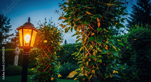 Gardens At Dusk With Lantern Light Illuminating Lush Greenery