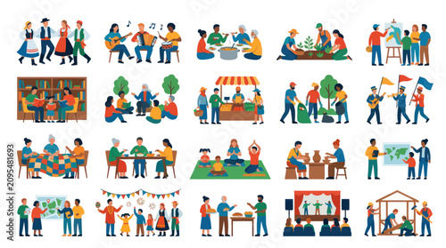 Diverse Community Activities Flat Vector Illustrations Set: Social Gatherings, Hobbies, Volunteering  Learning
