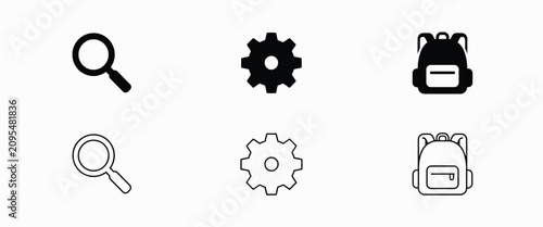 Set of simple utility including a magnifying glass, a mechanical gear, and a school backpack search find