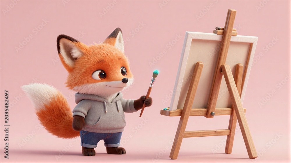 Fototapeta premium Adorable fox artist holds brush, ready to paint on easel against soft pink backdrop.