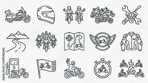 Fotografie Dynamic Black and White Line Set of Motorcycle and Rider Adventure Icons with hi