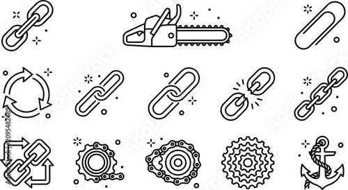 Tableau sur toile Industrial chain and link line icon set featuring chainsaw metal anchor papercli