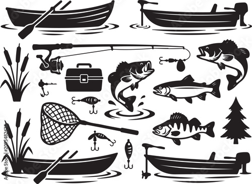 Fishing icons, black and white vector graphics, fishing boat illustrations, fishing gear clipart
