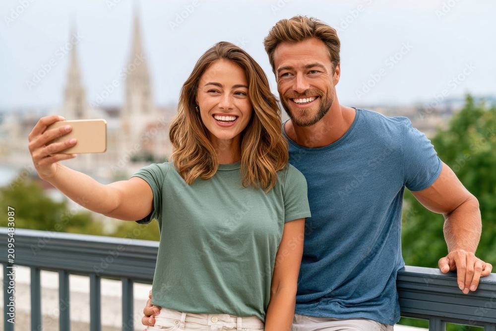 Naklejka premium Smiling young couple takes a selfie together outdoors on a sunny city overlook