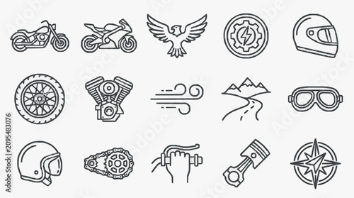 Fotografía Sleek Black and White Line Art Icons Set Featuring Motorcycle Elements Safety Ge