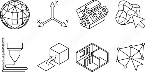 Photos Isometric 3D modeling and engineering vector icon set featuring engine design pr