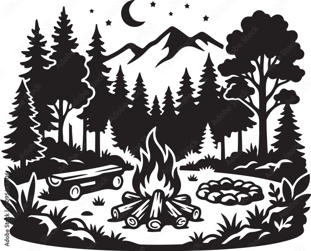 Fototapeta premium Camping, outdoor adventure, wilderness, vector illustration, black silhouette, mountains, forest, campfire