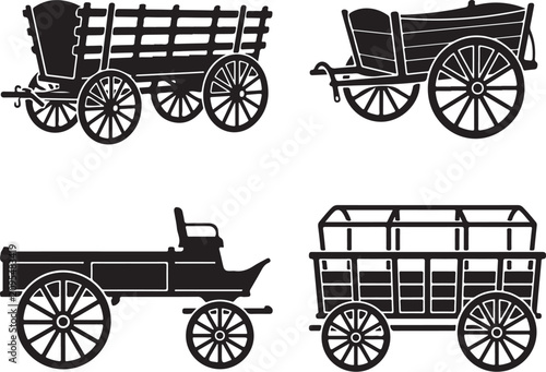 Vintage wagon, horse-drawn carriage, old cart, black silhouette icons