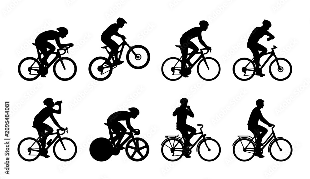 Obraz premium Diverse Cyclist Silhouettes Collection: Road, Mountain, and Track Biking Poses, 8 Vector Icons for Sports and Fitness Graphics