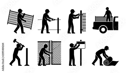 Construction worker icons, fence installation set, safety helmet figures, ground work, building site, industrial process, vector graphics