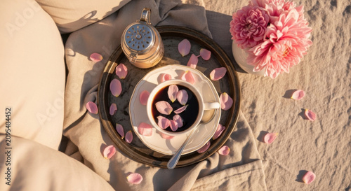 Gentle Morning Coffee With Pink Petals And Soft Light