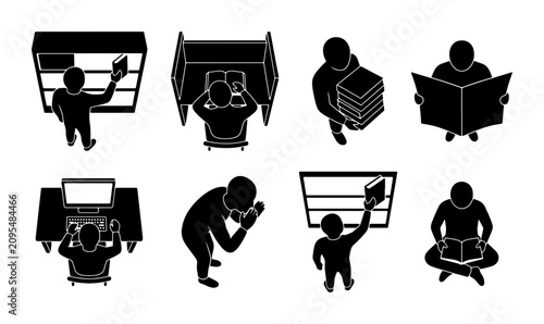 Foto Top-Down Silhouettes: Reading, Studying, and Library Icons, Vector Set