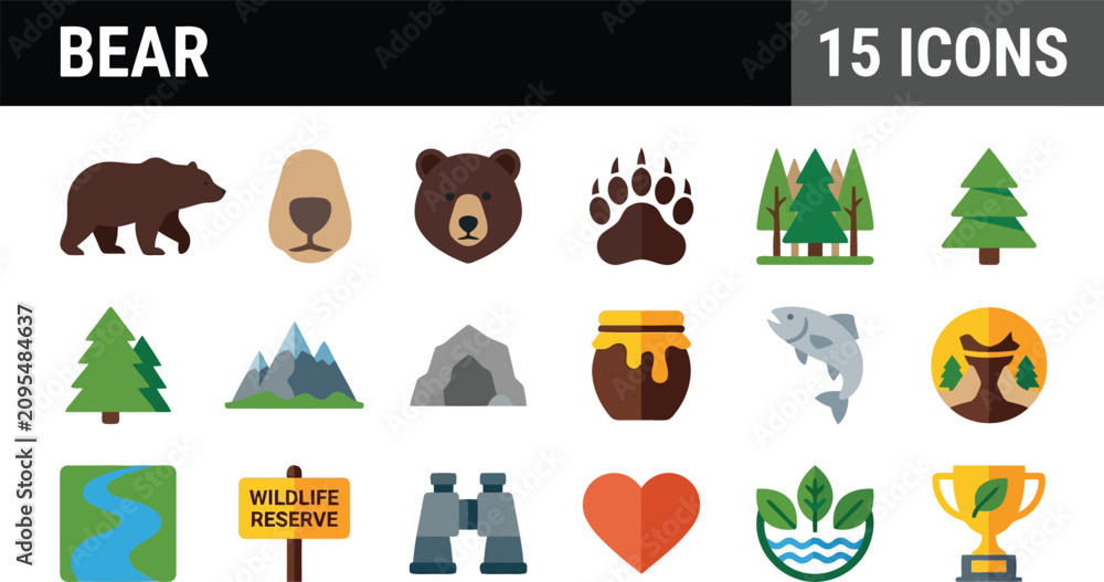 Fototapeta premium Collection of bear icons and nature symbols in colorful illustration