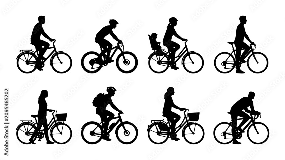 Obraz premium Diverse Bicycle Silhouettes Collection: Cyclists in Action, City Commuting, Family Rides, Sport Cycling, 8 Vector Icons for Active Lifestyle and Transport Graphics