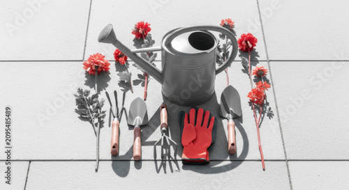 Gardening Tools And Red Flowers Arranged Neatly On Paving Stones