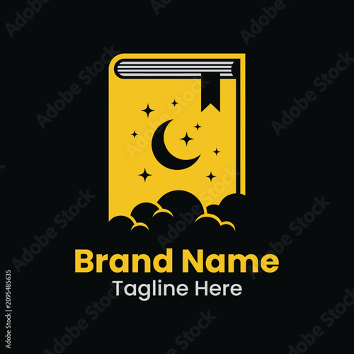 Magical yellow book logo with moon and night clouds.