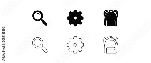 Set of utility featuring a magnifying glass, a mechanical gear cog, and a school backpack bag search
