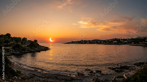 Crescent sun eclipse low over Mediterranean sea, golden sky