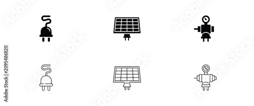 Six depicting an electrical plug with cord, a solar panel, and a pressure gauge on white base cable