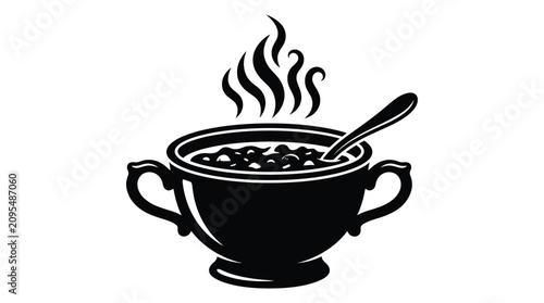 Bild auf Leinwand steaming bowl of soup silhouette steam spoon food meal hot black white