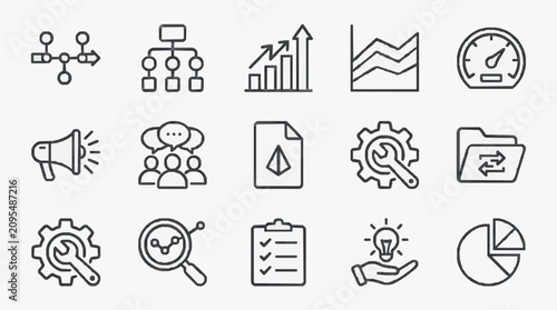 Photos Minimalist Black and White Line Icons Set Featuring Business Data Communication