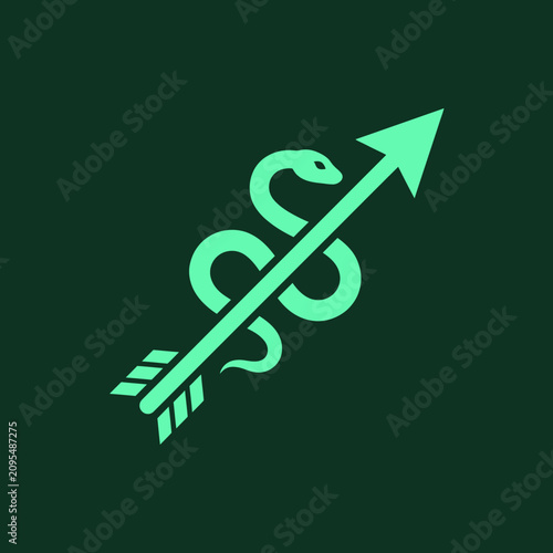 Green caduceus snake wrapped around arrow medical logo.