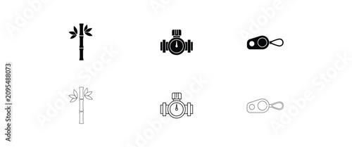 Six showing a bamboo stalk, industrial water valve, and a small key fob in two visual styles plant nature