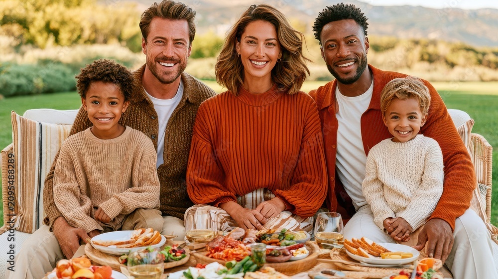 Fototapeta premium Happy young family enjoying an outdoor picnic in a sunny park with parents and children smiling together