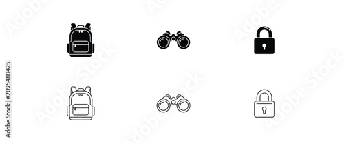 Backpack, binoculars, and padlock in solid black and thin line outline styles on white back security