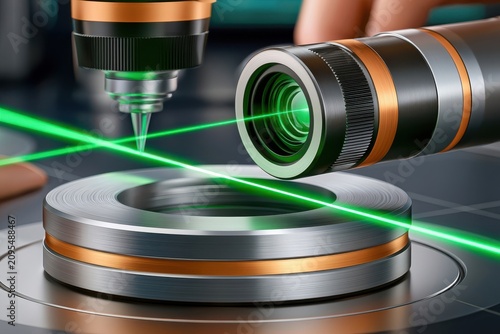 Laser precision measurement and sensor scanning of metal component in high-tech industrial inspection setup