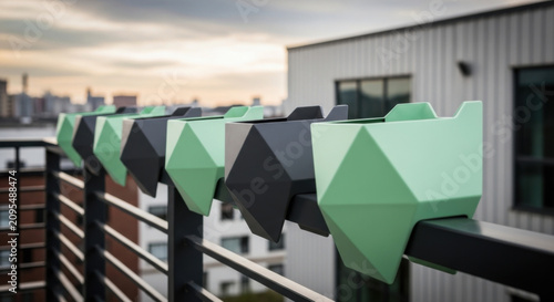 Geometric Planters Accent Modern Balcony With Cityscape Background