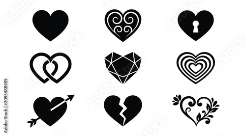 Quadro su tela Heart And Diamond Silhouettes On White Background Collection Of Vector Icons