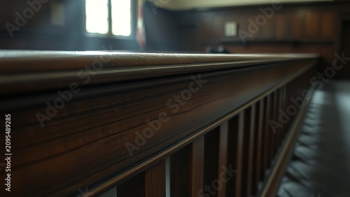 Abandoned courtroom defendant rail with scratch marks, dust motes in light.