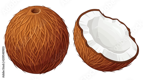 Bilde på lerret Illustration of a whole coconut and a halved coconut showing its interior