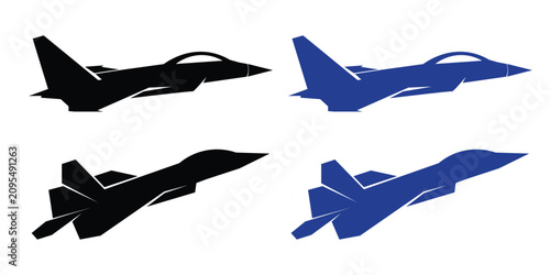 Fighter jet silhouettes set with black and blue aircraft designs.