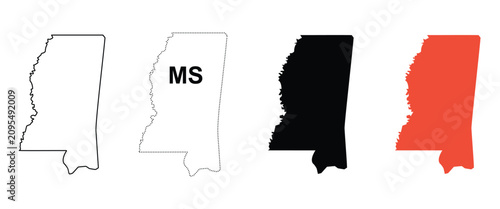 State of Mississippi outline icon with a black dotted border and black and red silhouettes.