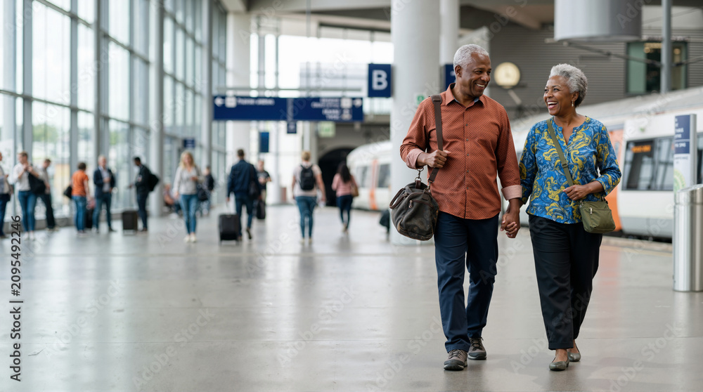 Fototapeta premium Smiling senior African American couple walking hand in hand at a train station. Active elderly black man and woman traveling with luggage. Retirement vacation and companionship concept