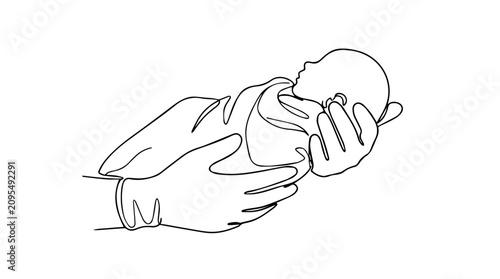 Swaddled newborn baby in hands of doctor with gloves. Continuous line art illustration. Minimalist vector drawing of pediatric care isolated on white background