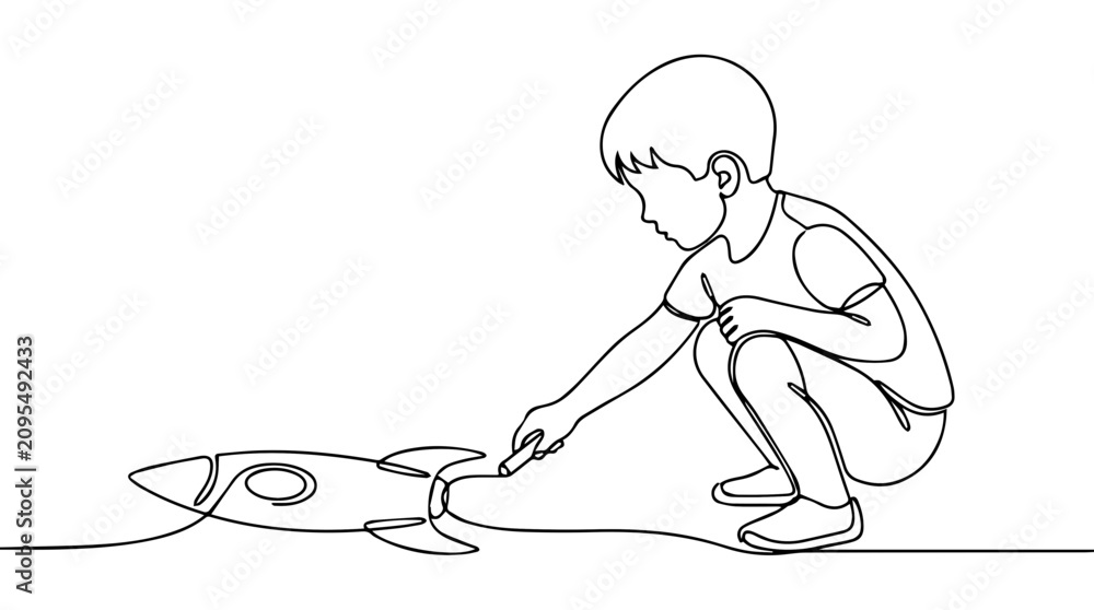 Obraz premium Boy drawing rocket with chalk. Continuous line art vector illustration. Minimalist black and white outline drawing of a child playing on the ground