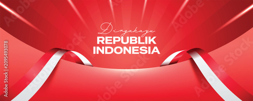 Dirgahayu republic indonesia with podium and banner flag.  Happy independence day republic indonesia 17 august