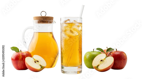 Fresh apple juice in glass with ice and straw, organic fruit cider in glass pitcher, ripe red and green apples for healthy breakfast isolated on White Background