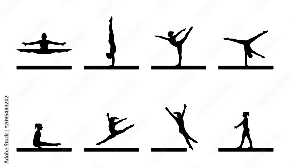Fototapeta premium Gymnastics Poses Vector Set, Athletic Silhouettes, Dynamic Movements, Sports Performance Icons, Flexible Body Shapes, Artistic Gymnastics Figures, Training and Exercise Graphics