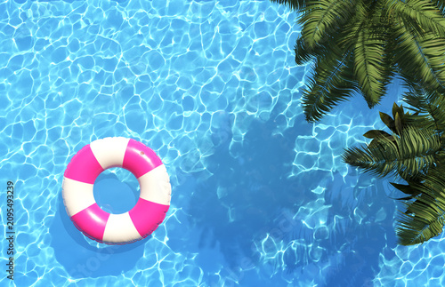Beautiful tropical swimming pool with swimming ring. Pool party, summer background. 3d illustration  