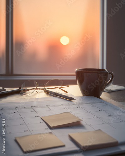 Ultra realistic still-life business photography, planning desk with blank calendar pages, neutral sticky notes without writing, mechanical pencil, ceramic coffee mug