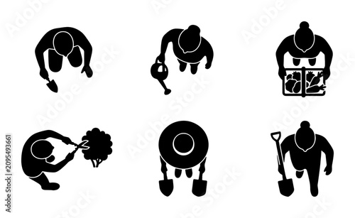 Gardening Icons Set, Top View People Silhouettes, Planting and Harvesting Vector Graphics, Agricultural Activities Collection