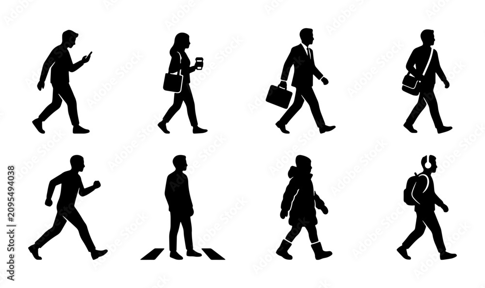 Obraz premium Diverse Pedestrian Silhouettes: Walking, Running, Business, Casual, and Mobile Users, Vector Icons for Urban Life and Mobility Concepts