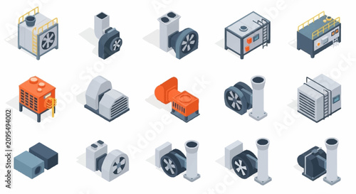 Isometric illustration of industrial machinery and equipment set.