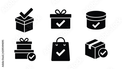 Cuadro en lienzo Gift Box And Shopping Bag Icons With Checkmarks Black Silhouette On White Backgr